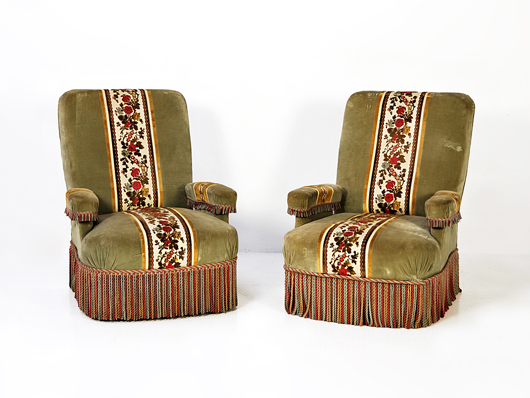 Pair of velvet and satin Victorian bedroom chairs. Image courtesy Morton Kuehnert Auctioneers.